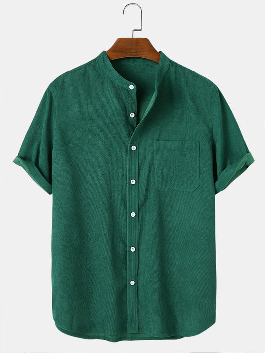 Groen Corduroy Shirt met korte mouwen en Mao kraag